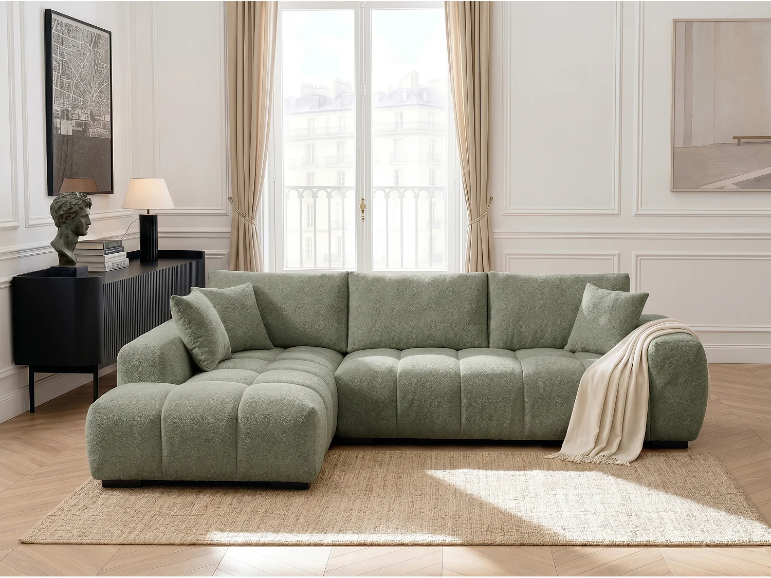 Canapé d’angle gauche 4 places vert amande en tissu chenille avec méridienne – Bubble – Homeluxury