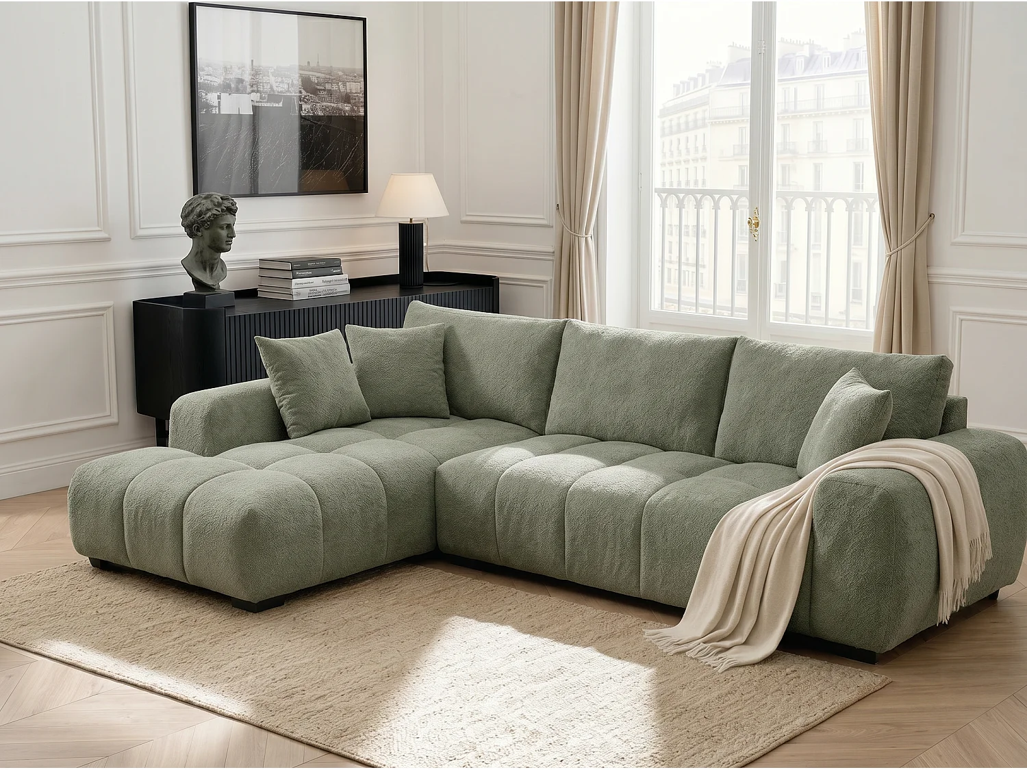 Canapé d’angle gauche 4 places vert amande en tissu chenille avec méridienne – Bubble – Homeluxury