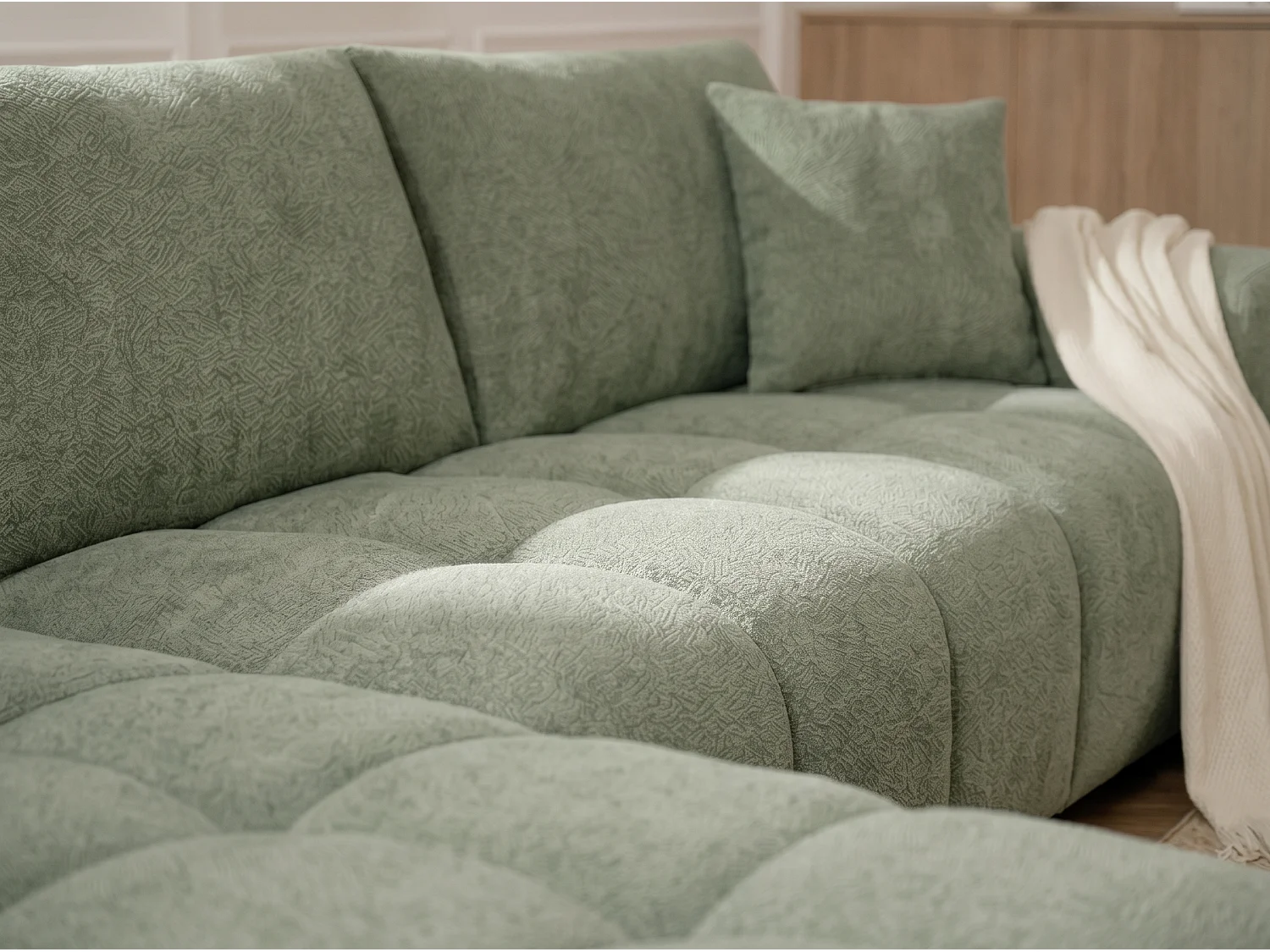 Canapé d’angle gauche 4 places vert amande en tissu chenille avec méridienne – Bubble – Homeluxury