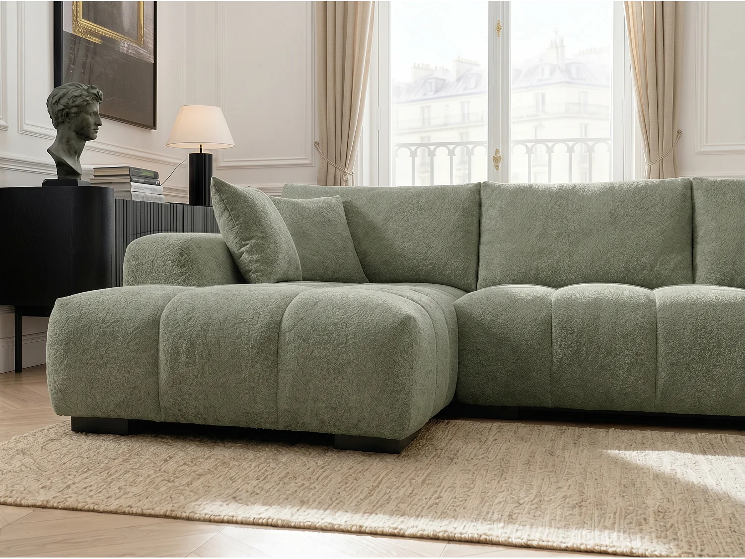 Canapé d’angle gauche 4 places vert amande en tissu chenille avec méridienne – Bubble – Homeluxury