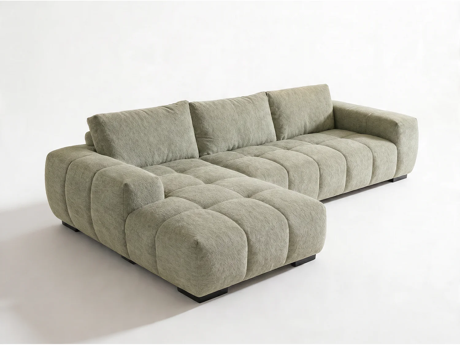 Canapé d’angle gauche 4 places vert amande en tissu chenille avec méridienne – Bubble – Homeluxury