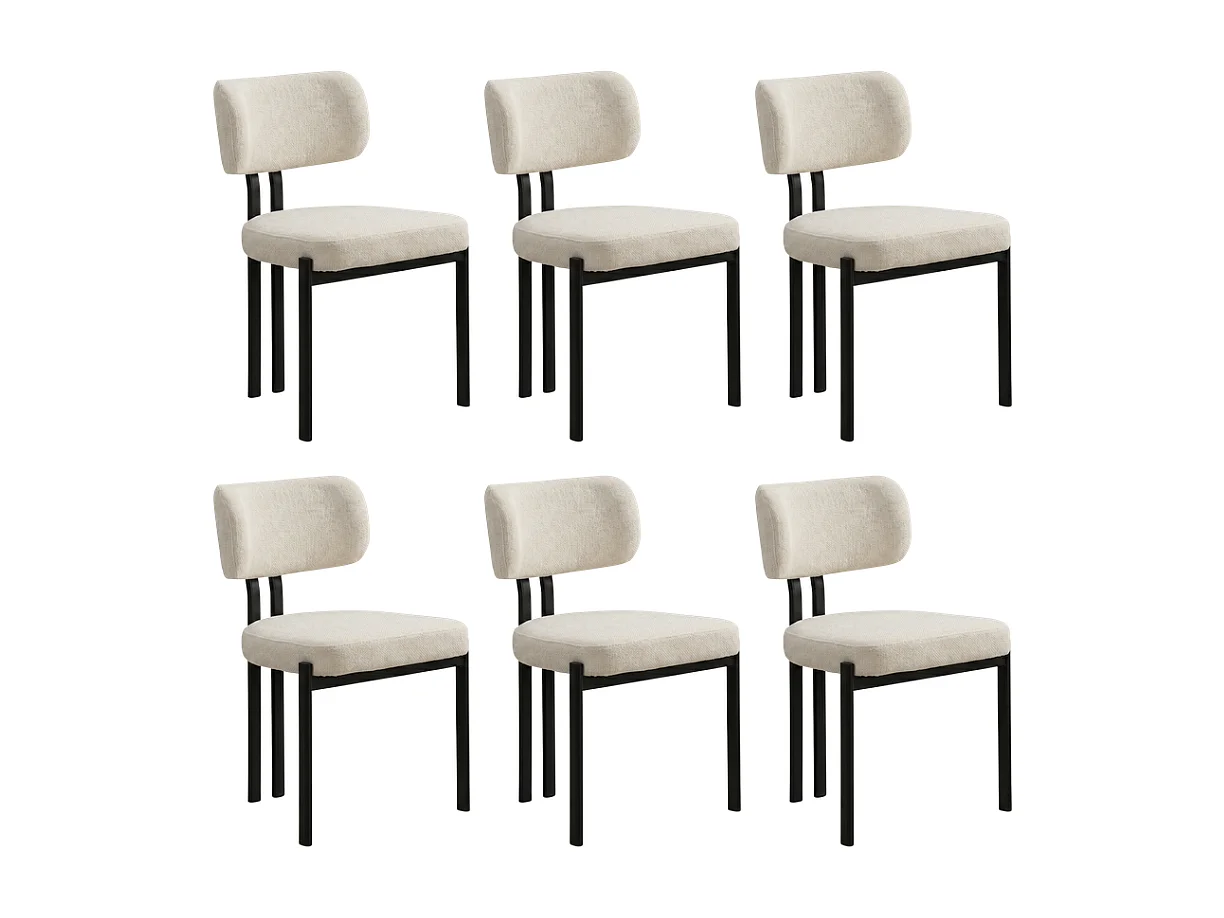6er Set Esszimmerstühle Hira – Bouclé-Stoff Cremeweiß / Schwarze Füße