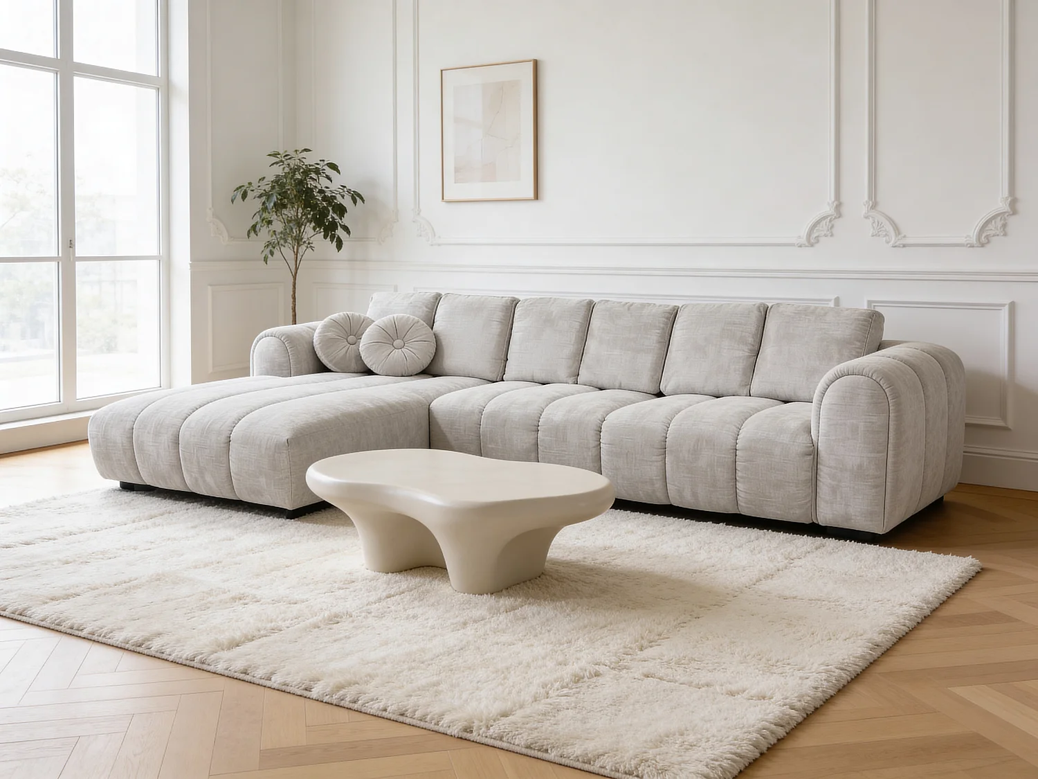 Canapé d’angle gauche 5 places avec méridienne en tissu blanc cassé ROMA– Homeluxury