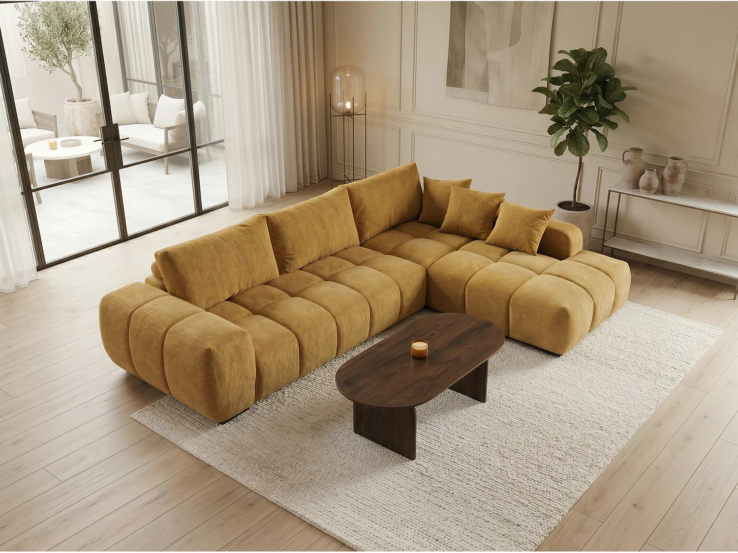 Canapé d'angle droit 4 places en tissu chenille BUBBLE