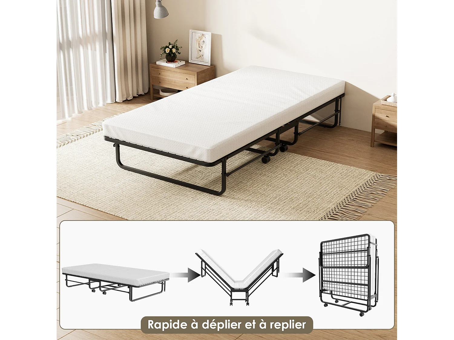 Opvouwbaar bed voor 1 persoon 90x190 cm met schuimmatras van 10 cm, draagvermogen 300 kg