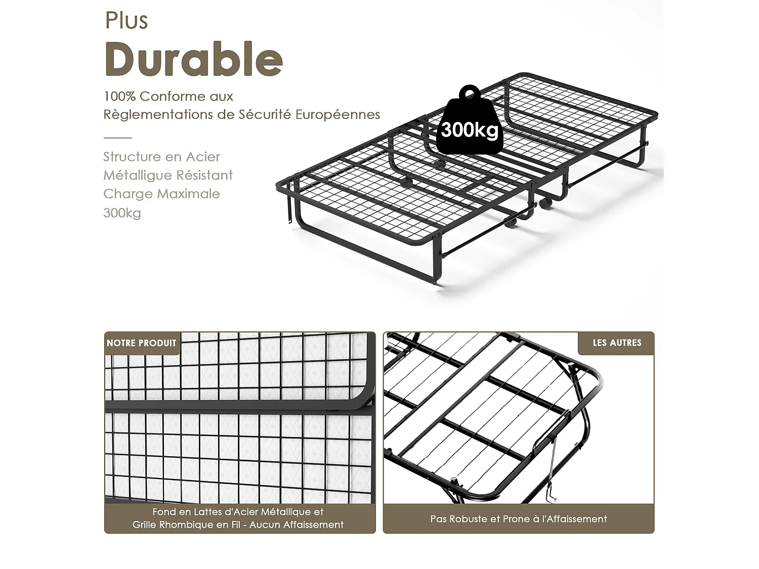 Opvouwbaar bed voor 1 persoon 90x190 cm met schuimmatras van 10 cm, draagvermogen 300 kg