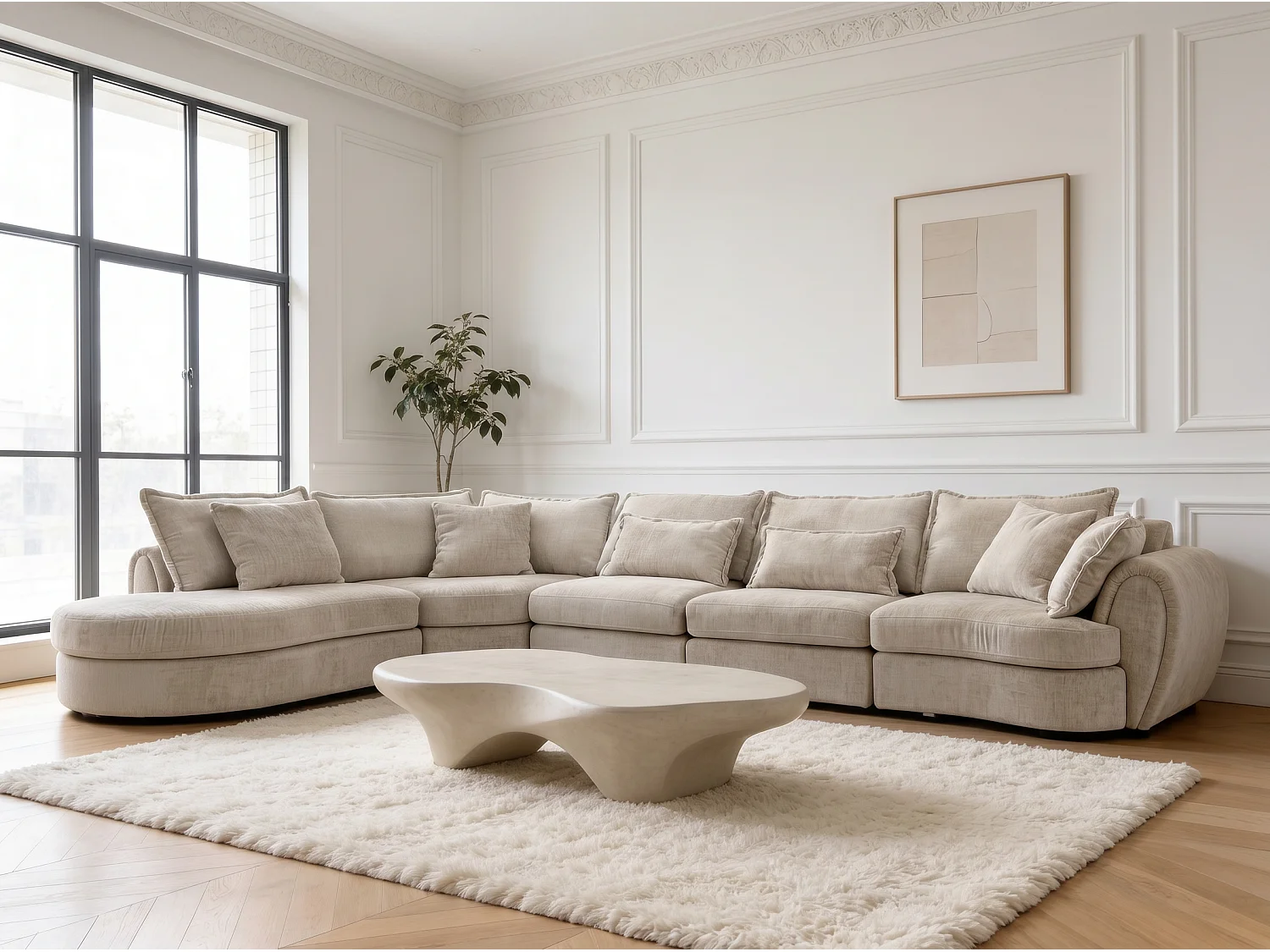 Canapé d’angle 5 places avec méridienne en tissu beige BERGAMO - Homeluxury