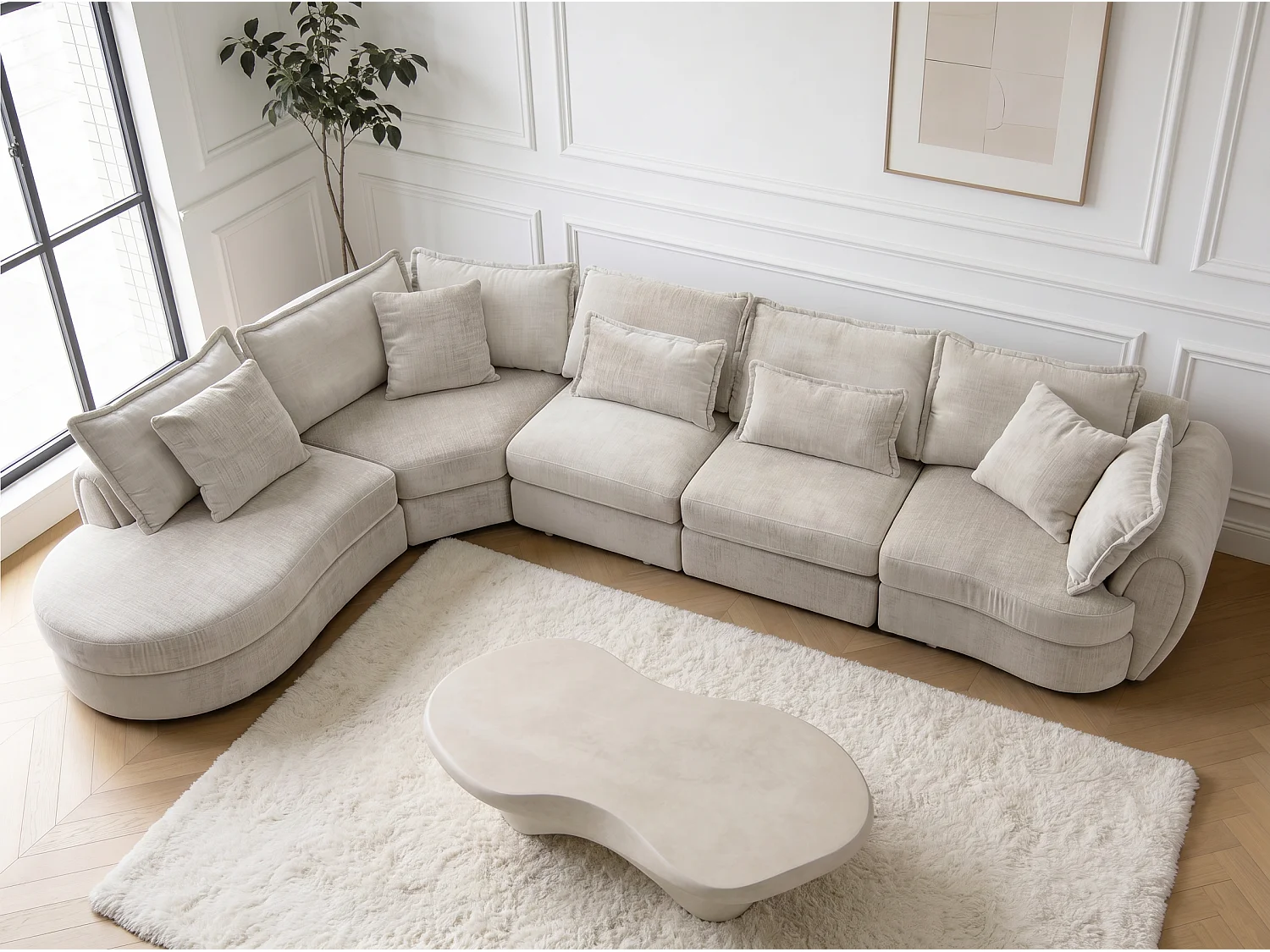 Canapé d’angle 5 places avec méridienne en tissu beige BERGAMO - Homeluxury