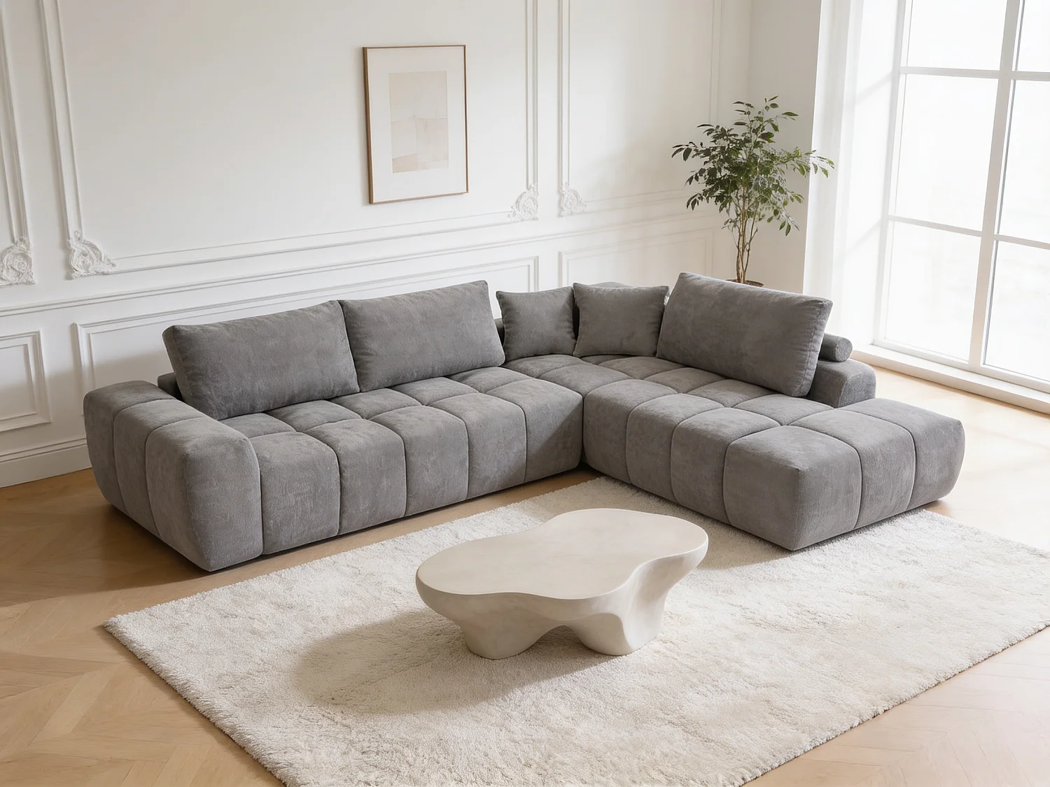 Canapé d’angle 4 places avec méridienne angle droit - Tissu gris - Homeluxury