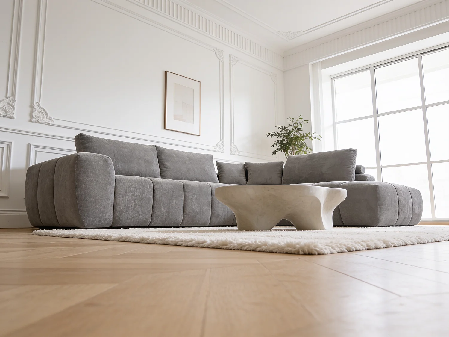 Canapé d’angle 4 places avec méridienne angle droit - Tissu gris - Homeluxury