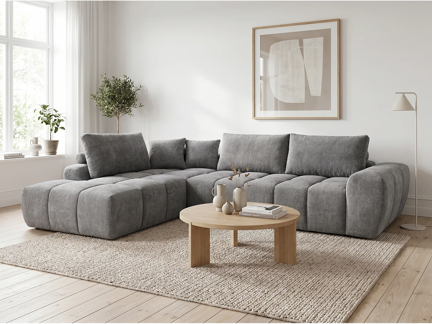 Canapé d’angle compressé 4 places avec méridienne en tissu gris - Homeluxury