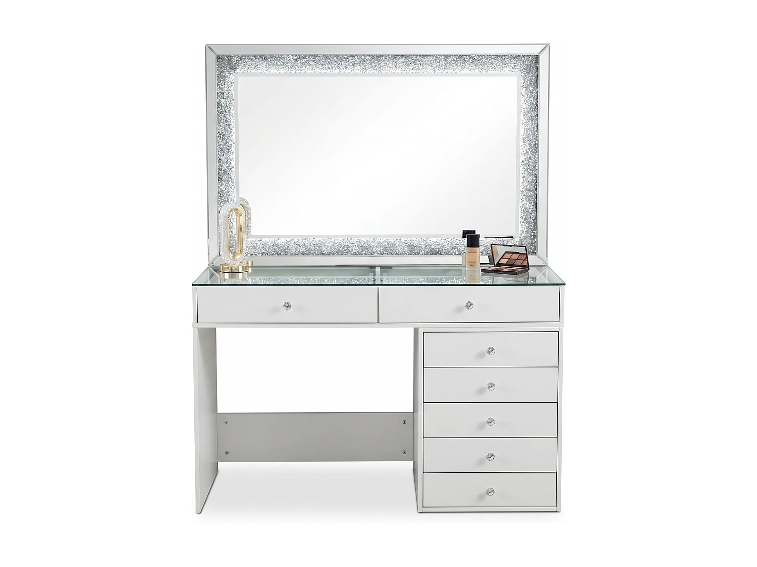 Tocador HomeLuxury con espejo - blanco brillante de 120 cm con 7 cajones.