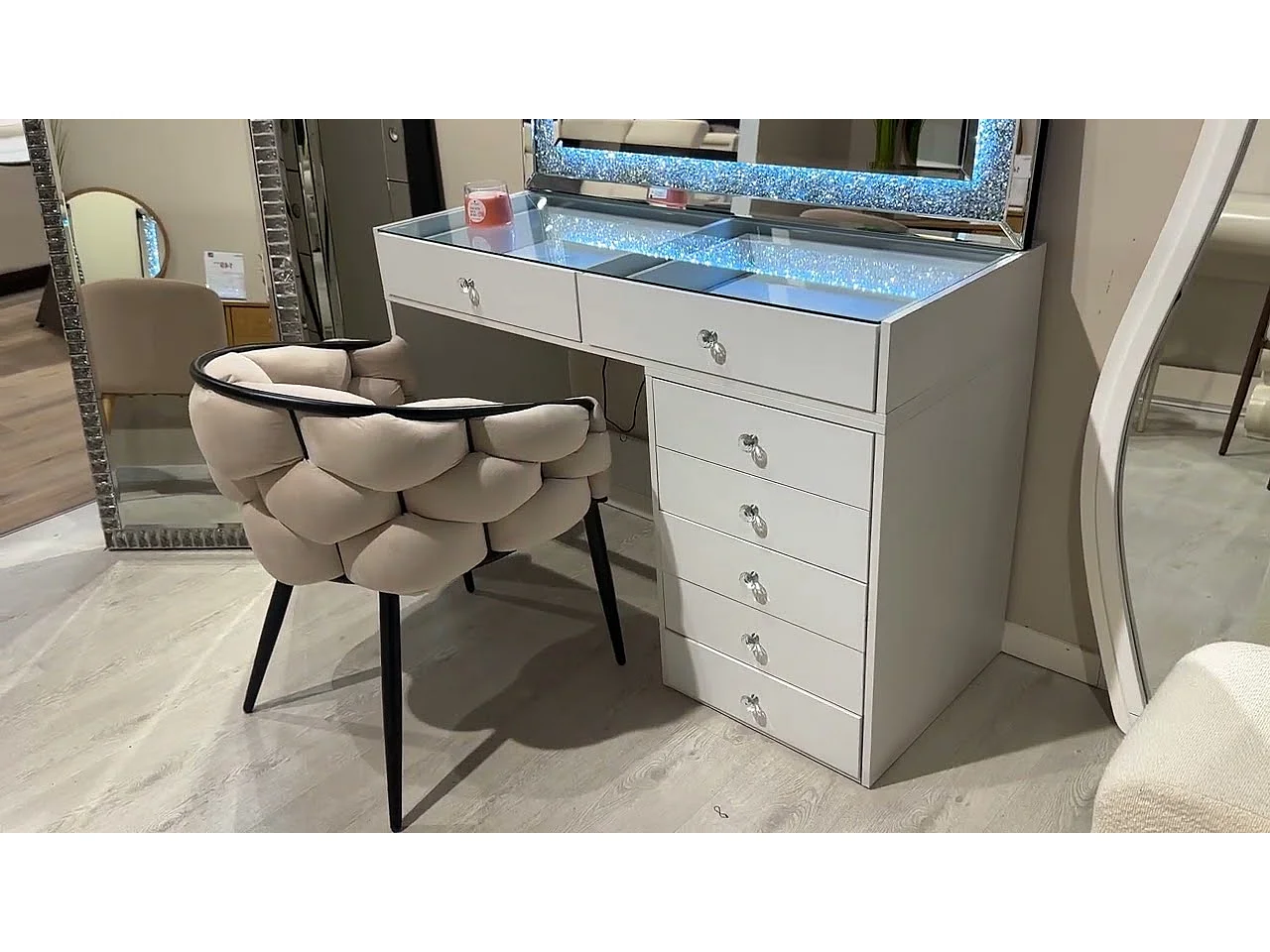 Coiffeuse Homeluxury - Blanche Vitrée 120cm avec 7 tiroirs