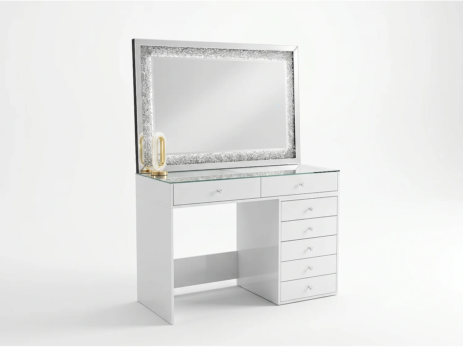 Tocador HomeLuxury con espejo - blanco brillante de 120 cm con 7 cajones.