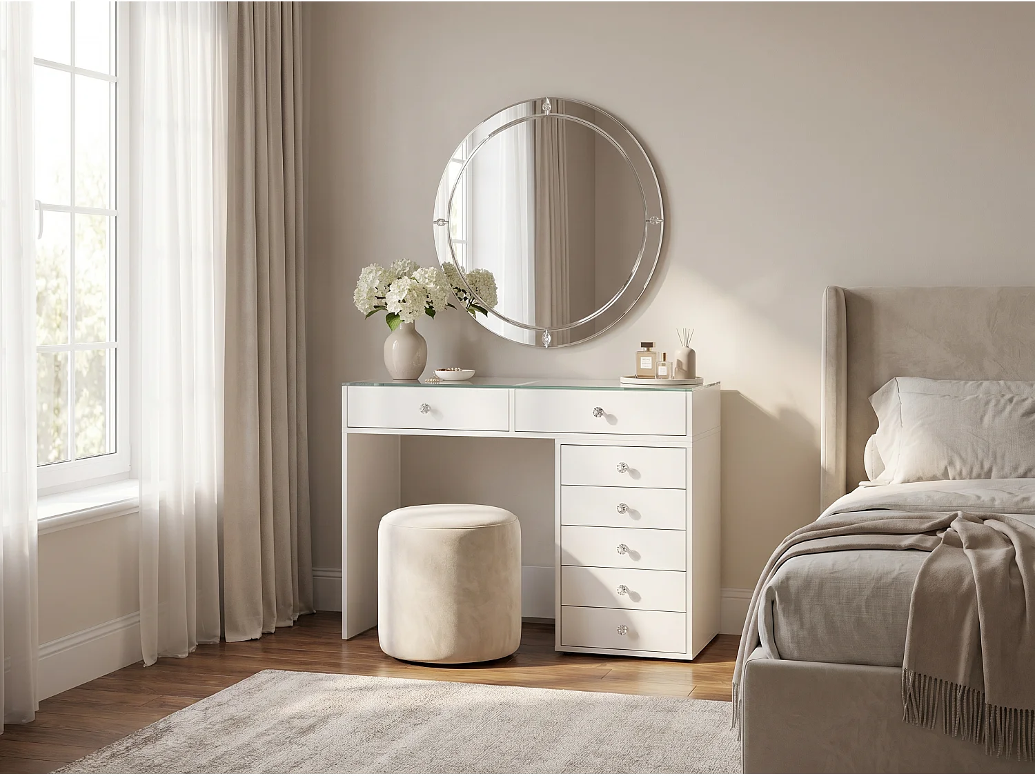 Tocador HomeLuxury con espejo - blanco brillante de 120 cm con 7 cajones.