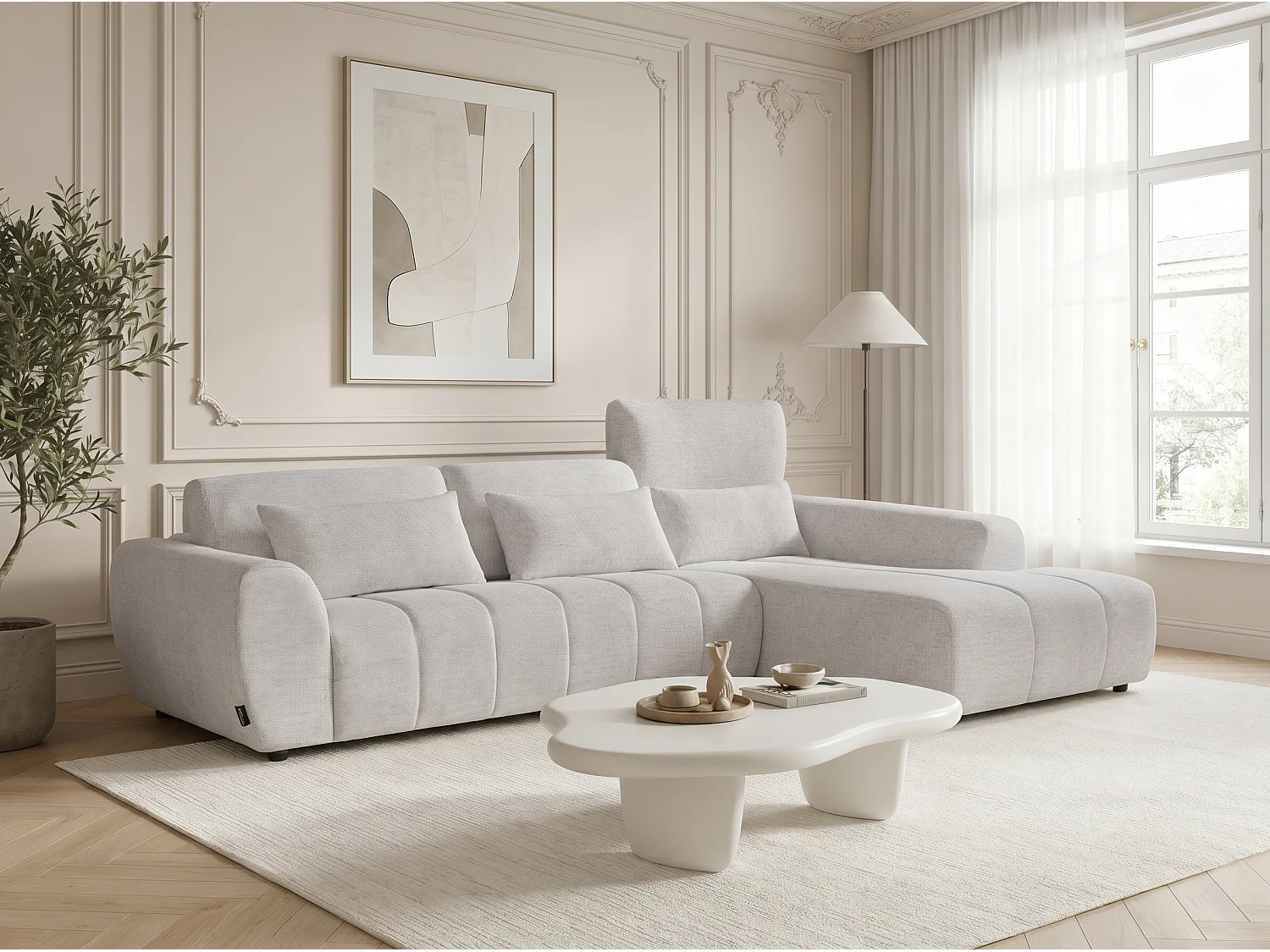 Canapé d’angle droit 4 places avec méridienne en tissu Ravenna – Homeluxury