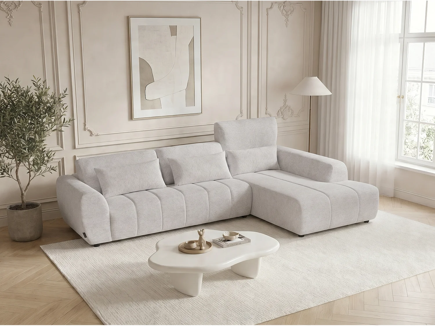 Canapé d’angle droit 4 places avec méridienne en tissu Ravenna – Homeluxury
