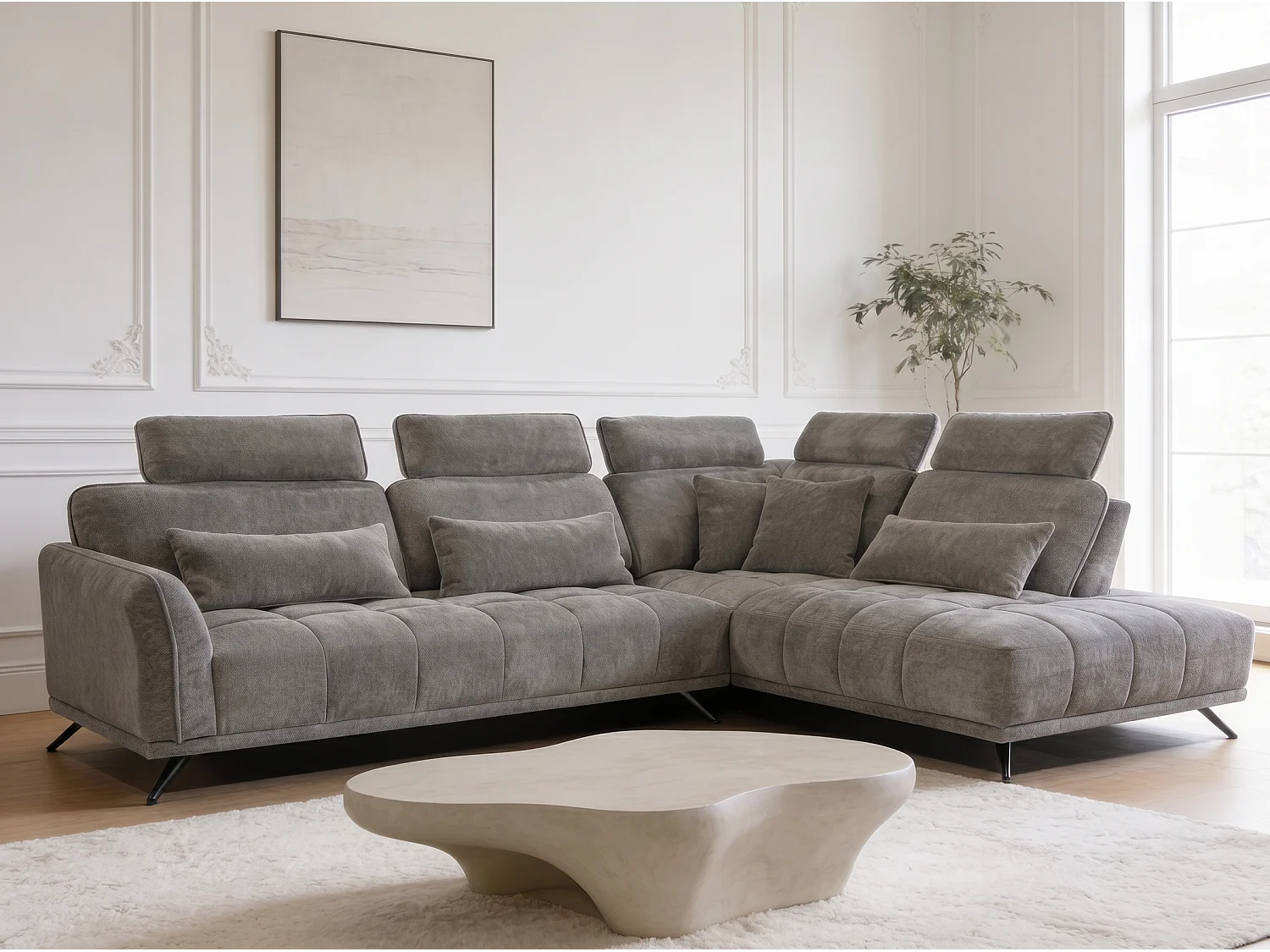 Canapé d’angle droit 4 places avec têtières réglables et méridienne gris NAPOLI - Homeluxury