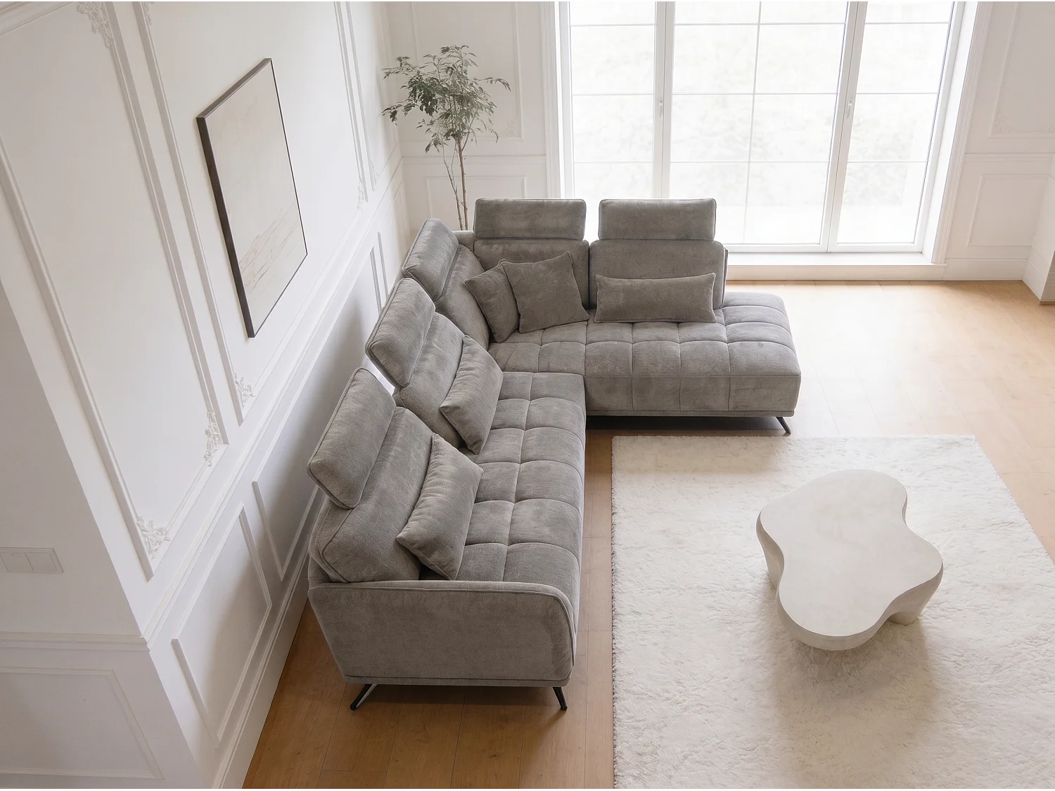 Canapé d’angle droit 4 places avec têtières réglables et méridienne gris NAPOLI - Homeluxury
