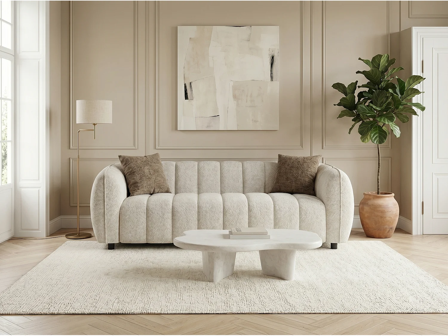 Set van 8 eetkamerstoelen RINA - Beige Fluweel / Travertijn Basis
