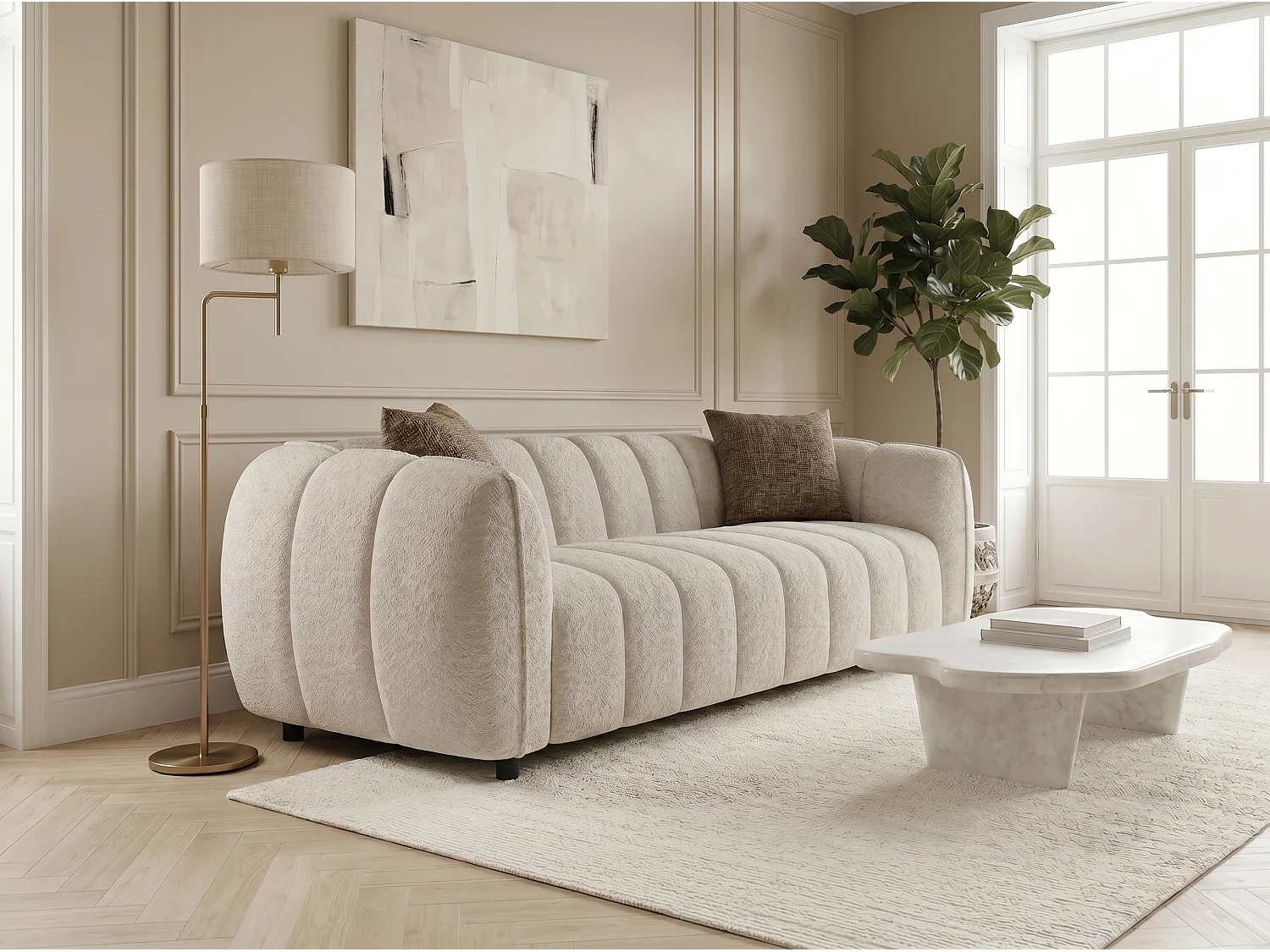 Set van 8 eetkamerstoelen RINA - Beige Fluweel / Travertijn Basis