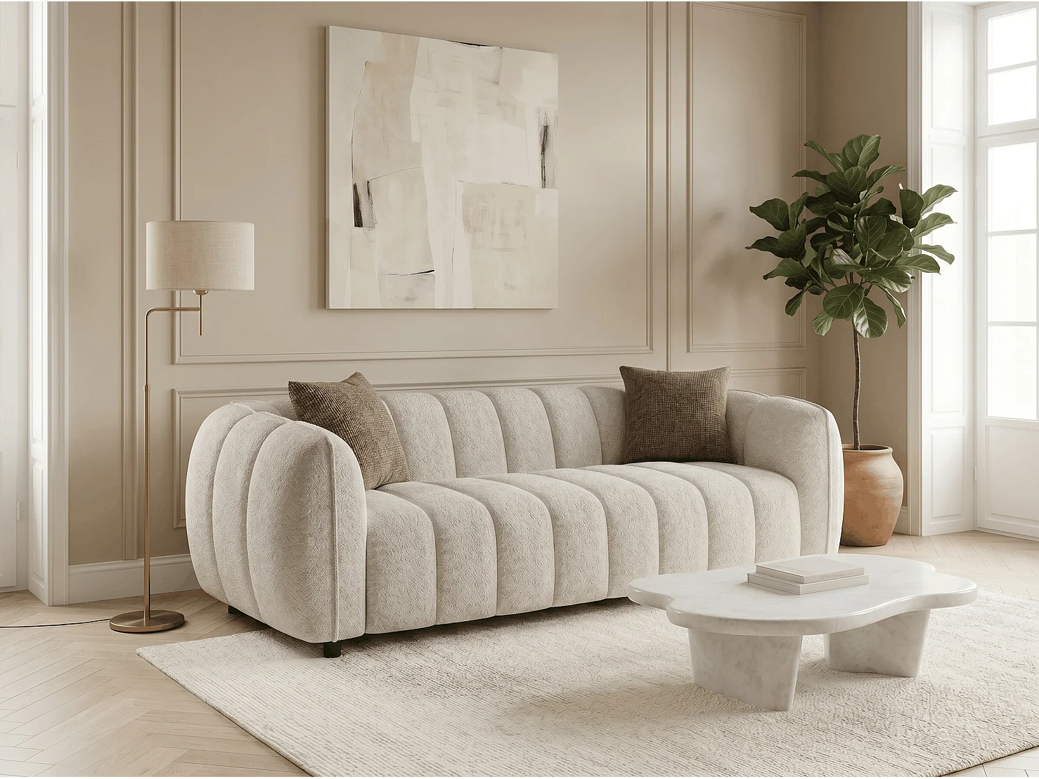 Set van 8 eetkamerstoelen RINA - Beige Fluweel / Travertijn Basis