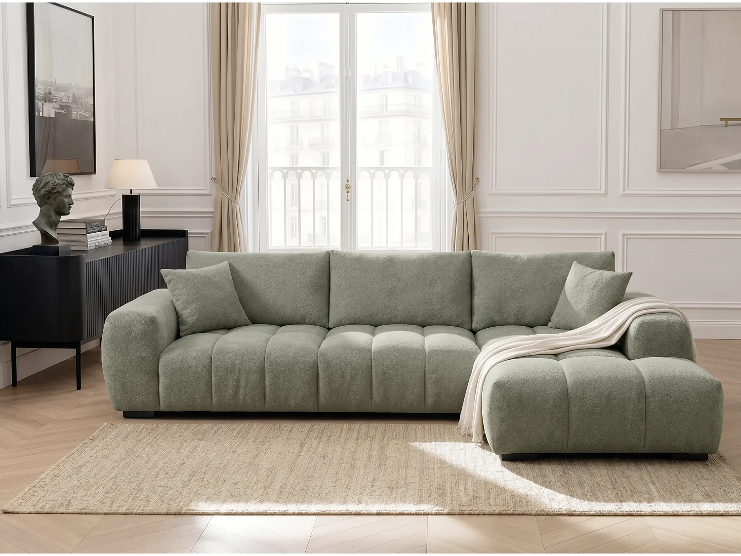 Canapé d’angle droit 4 places vert amande en tissu chenille avec méridienne – Bubble – Homeluxury