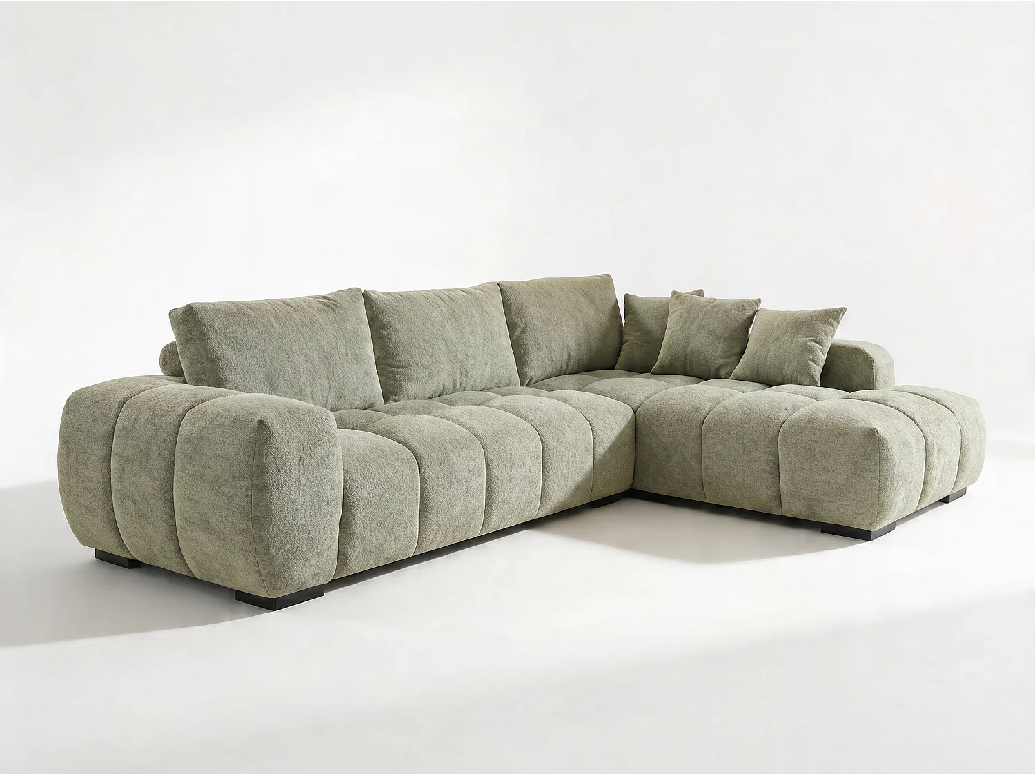 Canapé d’angle droit 4 places vert amande en tissu chenille avec méridienne – Bubble – Homeluxury