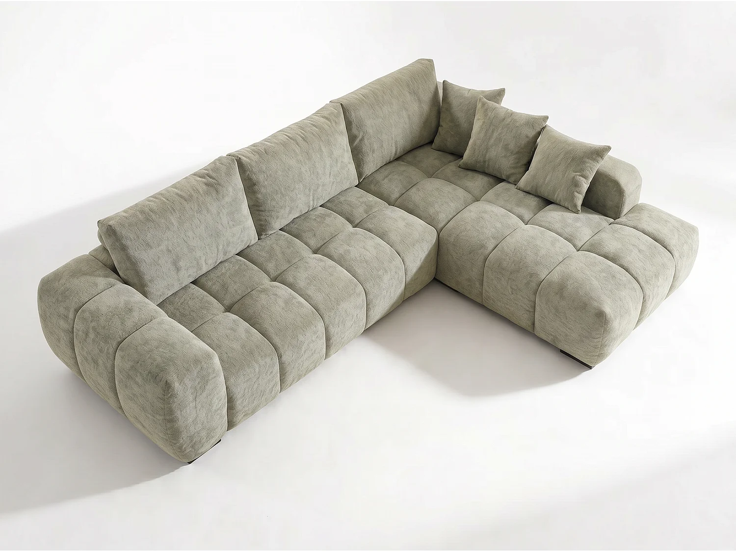 Canapé d’angle droit 4 places vert amande en tissu chenille avec méridienne – Bubble – Homeluxury