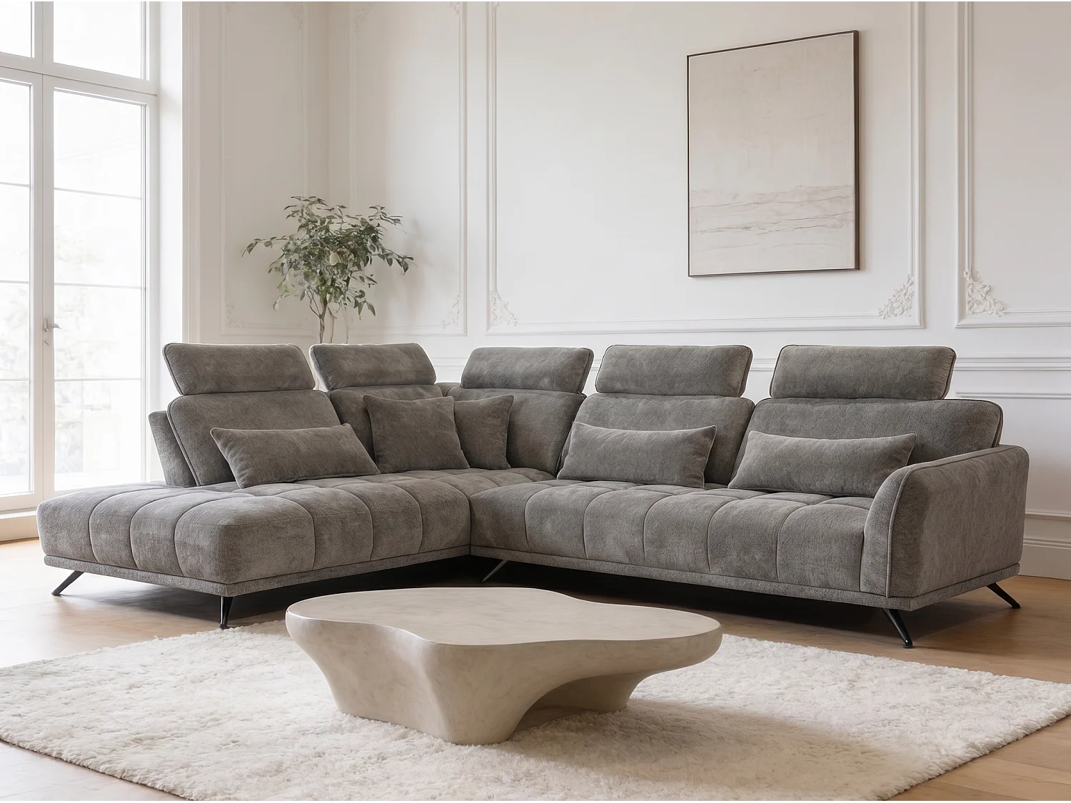 Canapé d’angle gauche 4 places avec têtières réglables et méridienne gris NAPOLI - Homeluxury
