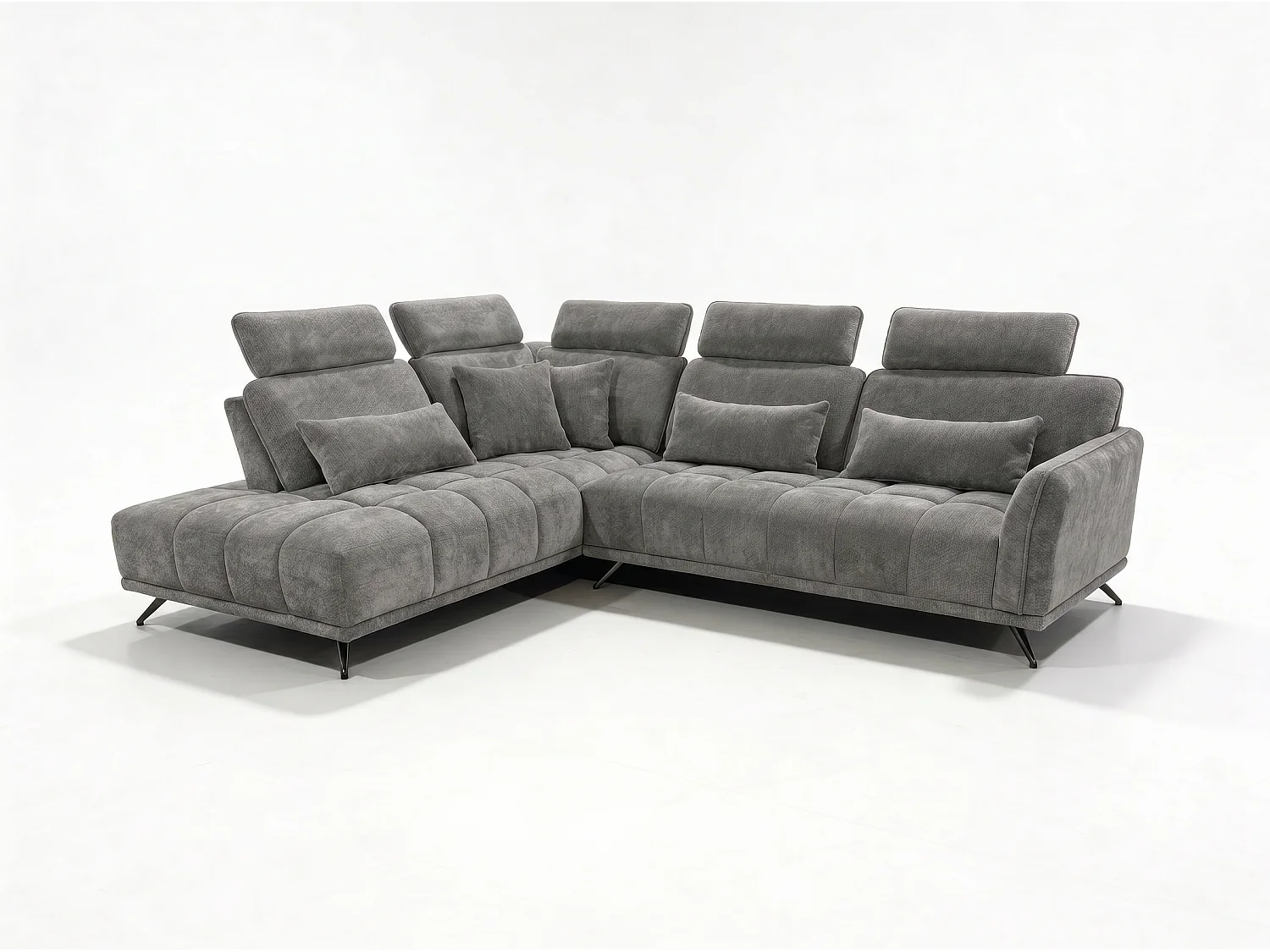 Canapé d’angle gauche 4 places avec têtières réglables et méridienne gris NAPOLI - Homeluxury
