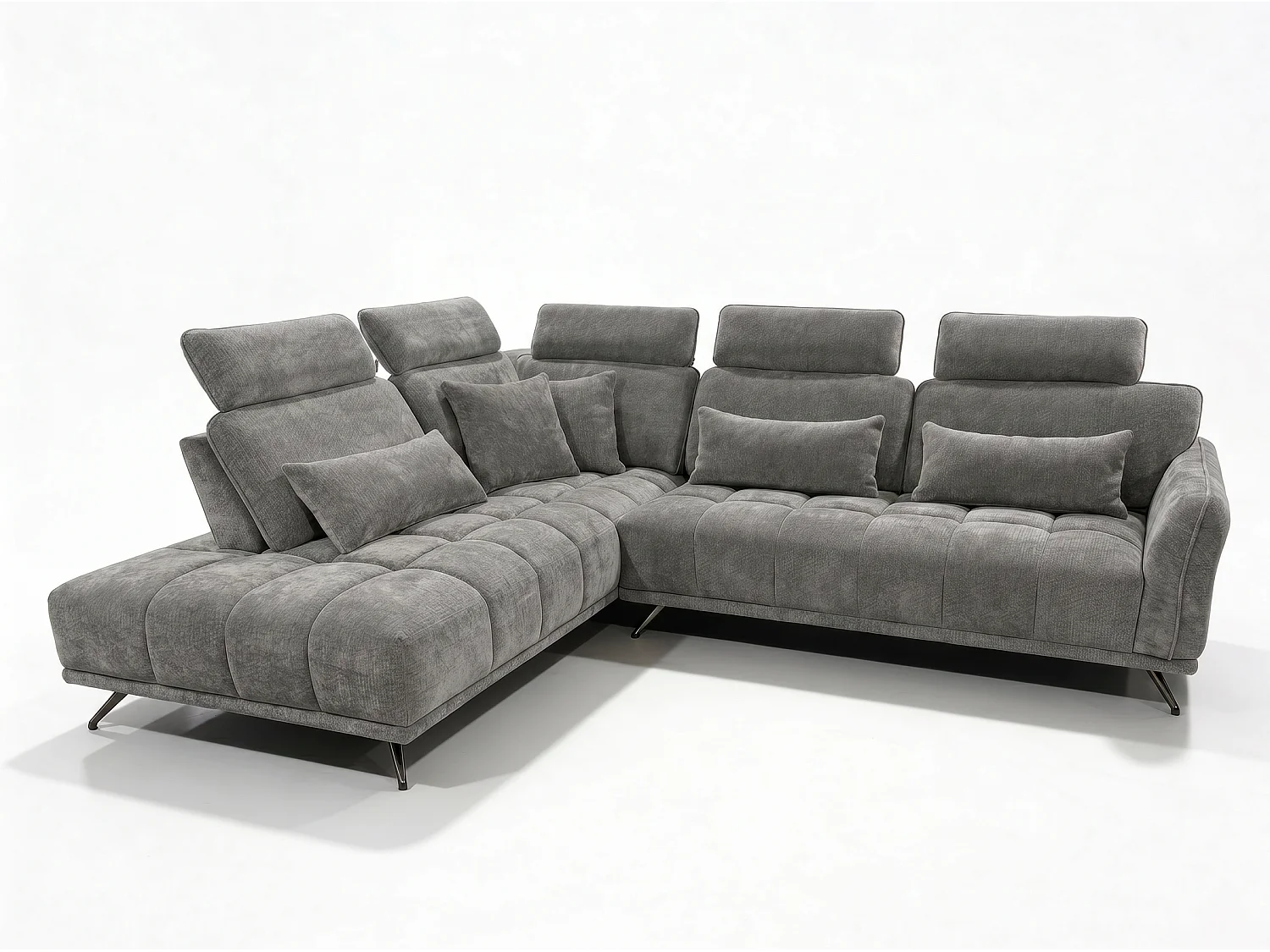 Canapé d’angle gauche 4 places avec têtières réglables et méridienne gris NAPOLI - Homeluxury