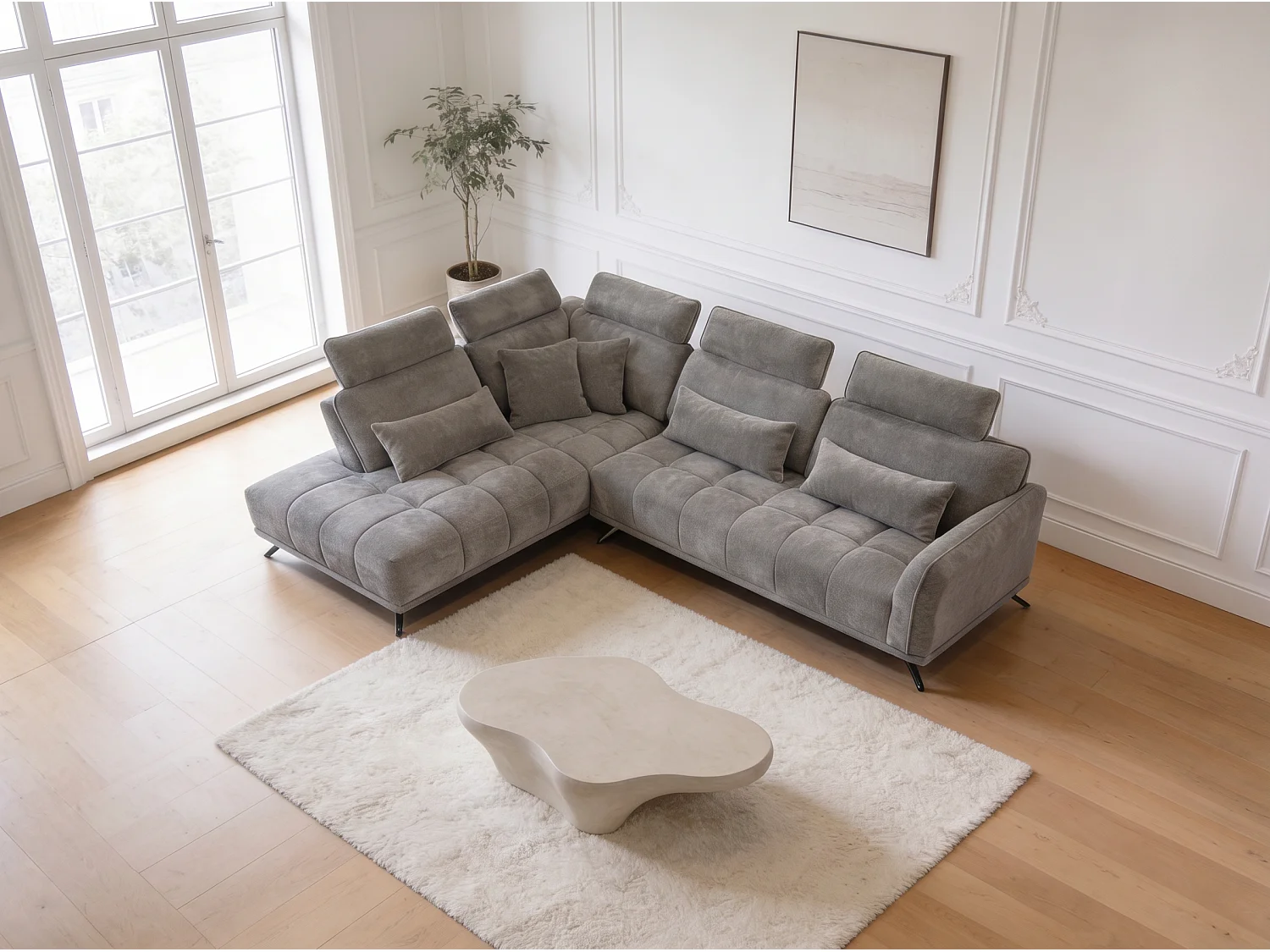Canapé d’angle gauche 4 places avec têtières réglables et méridienne gris NAPOLI - Homeluxury