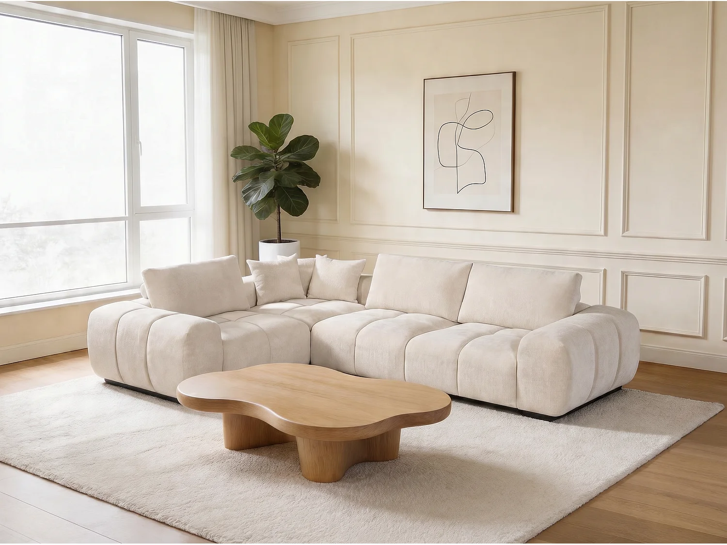 Canapé d’angle 4 places avec méridienne en tissu Blanc BOLLY - Homeluxury