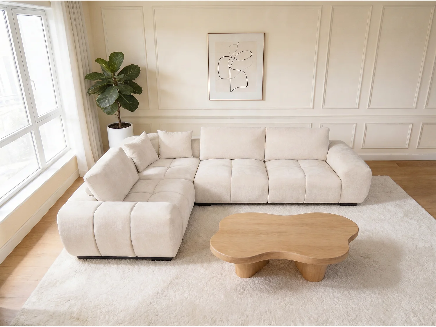Canapé d’angle 4 places avec méridienne en tissu Blanc BOLLY - Homeluxury