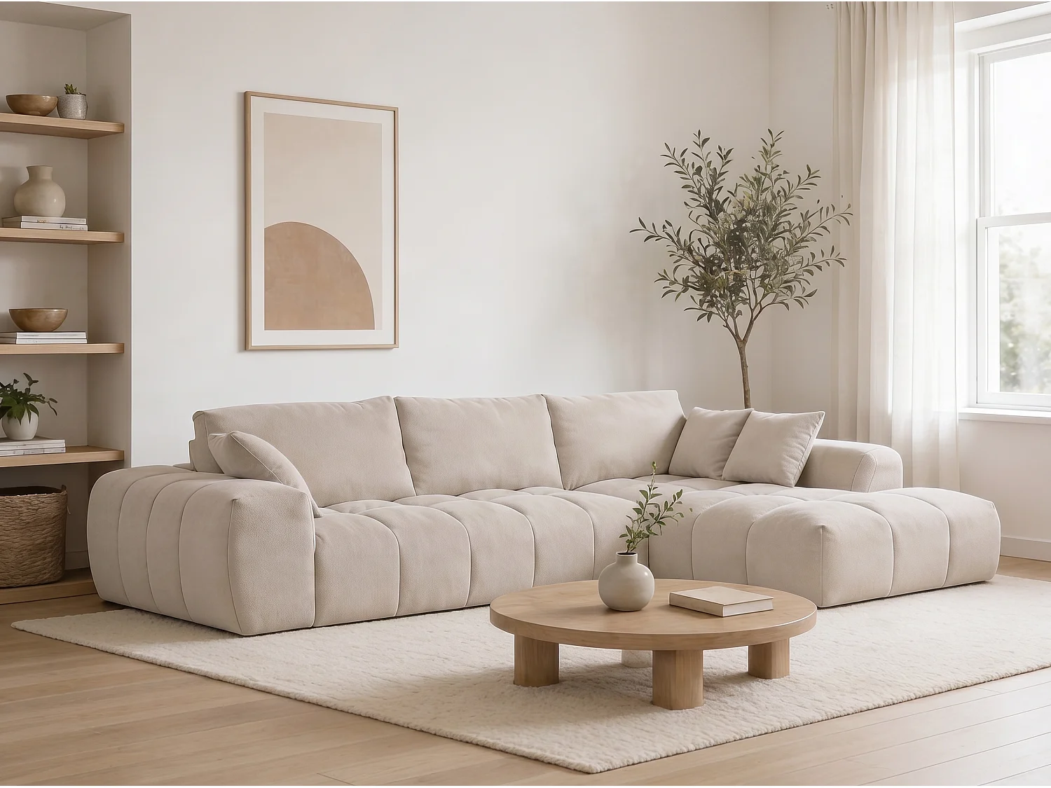 Canapé d’angle 4 places avec méridienne en tissu Beige - Homeluxury