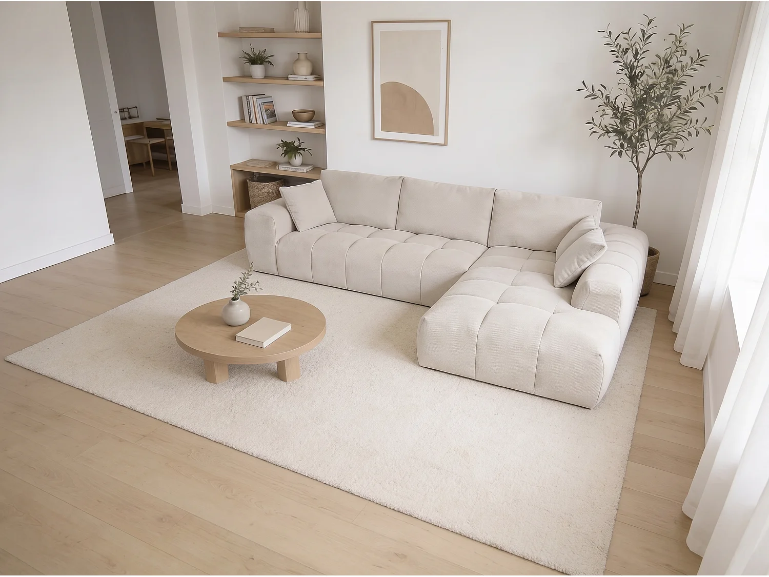 Canapé d’angle 4 places avec méridienne en tissu Beige - Homeluxury