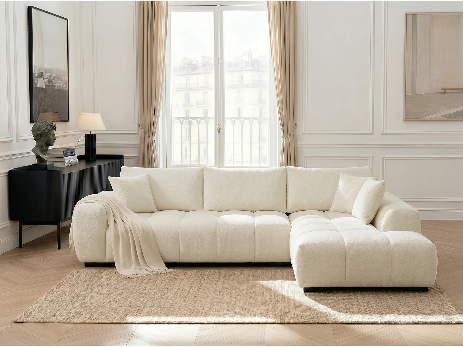 Canapé d’angle droit 4 places Blanc en tissu chenille avec méridienne – Bubble – Homeluxury