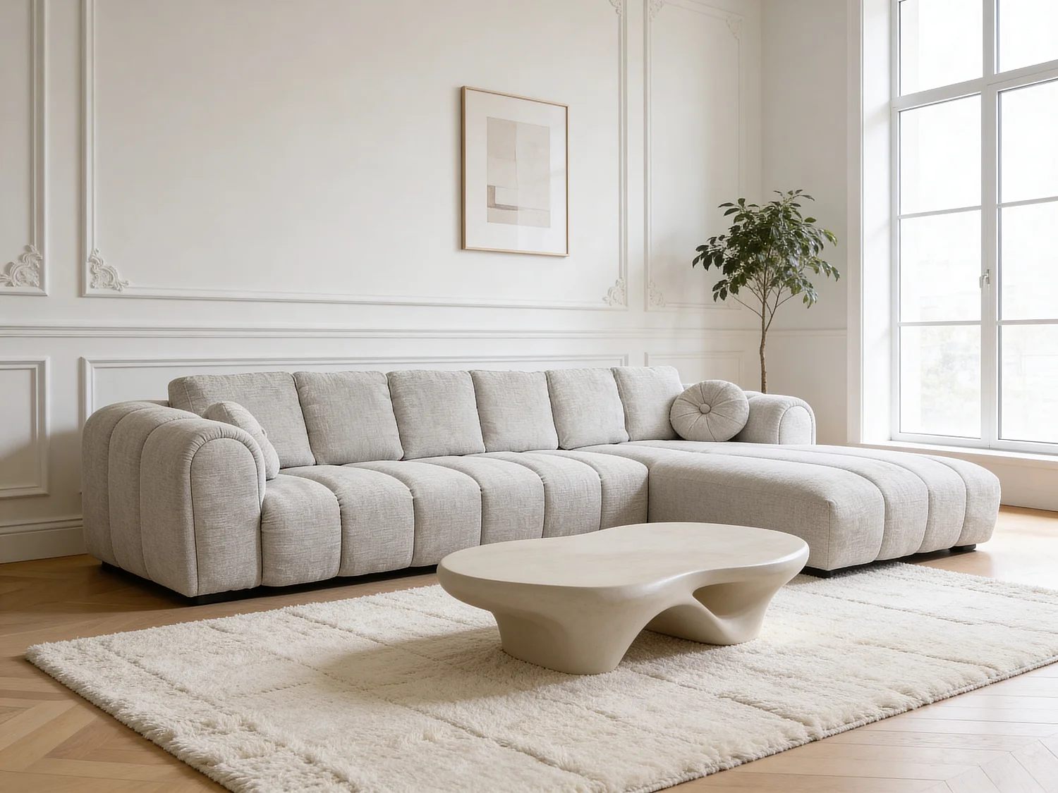 Canapé d’angle droit 5 places avec méridienne en tissu blanc cassé ROMA– Homeluxury