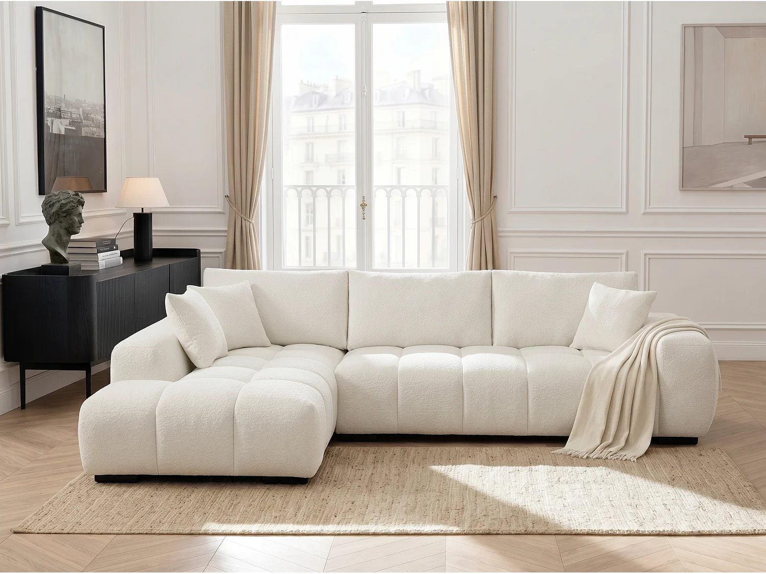Canapé d’angle gauche 4 places Blanc en tissu chenille avec méridienne – Bubble – Homeluxury