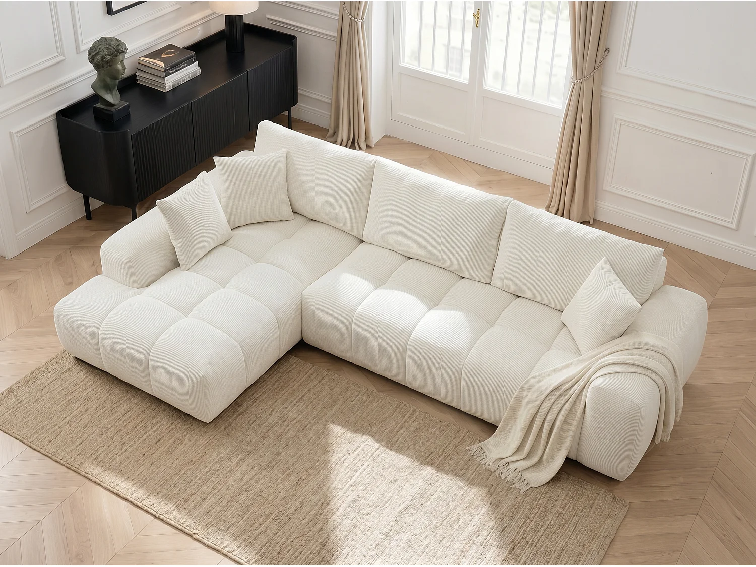 Canapé d’angle gauche 4 places Blanc en tissu chenille avec méridienne – Bubble – Homeluxury