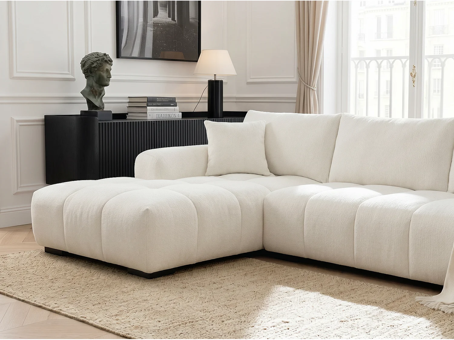 Canapé d’angle gauche 4 places Blanc en tissu chenille avec méridienne – Bubble – Homeluxury