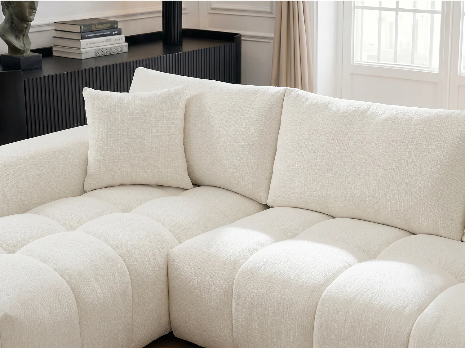Canapé d’angle gauche 4 places Blanc en tissu chenille avec méridienne – Bubble – Homeluxury