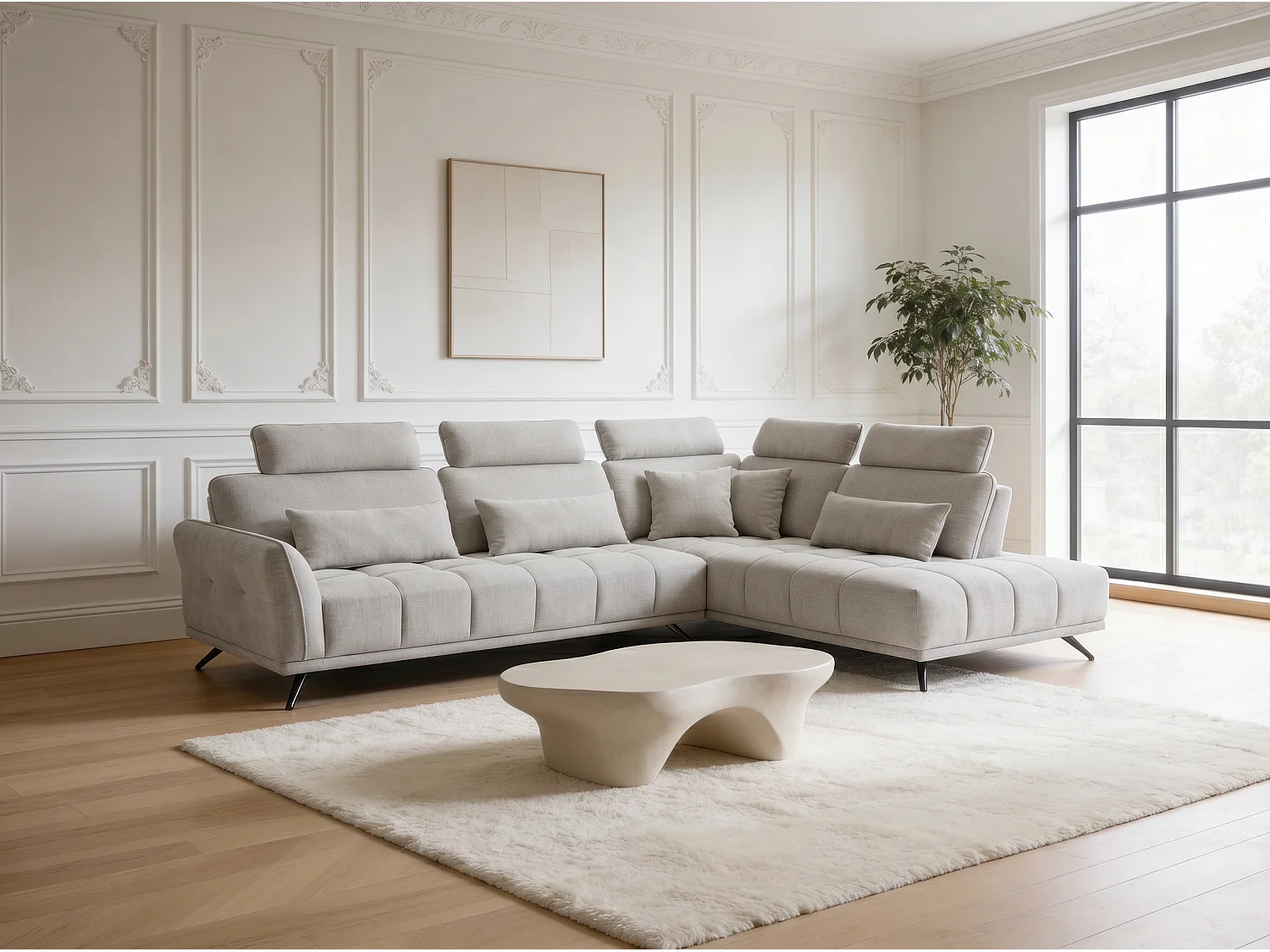 Canapé d’angle droit 4 places avec têtières réglables et méridienne beige NAPOLI - Homeluxury