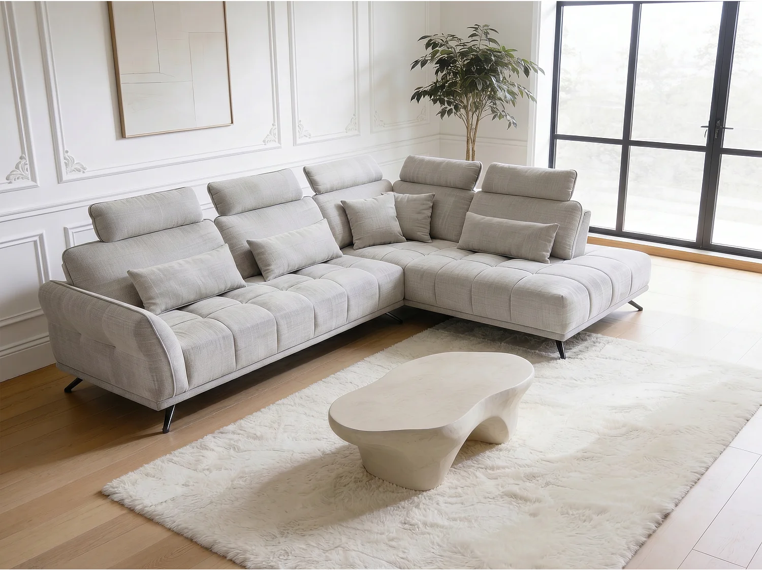 Canapé d’angle droit 4 places avec têtières réglables et méridienne beige NAPOLI - Homeluxury