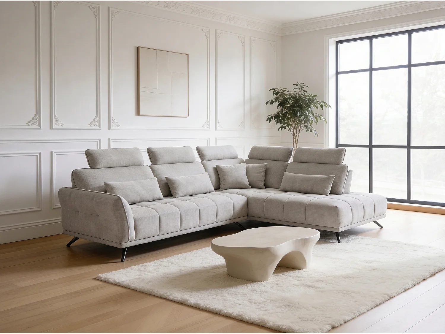 Canapé d’angle droit 4 places avec têtières réglables et méridienne beige NAPOLI - Homeluxury