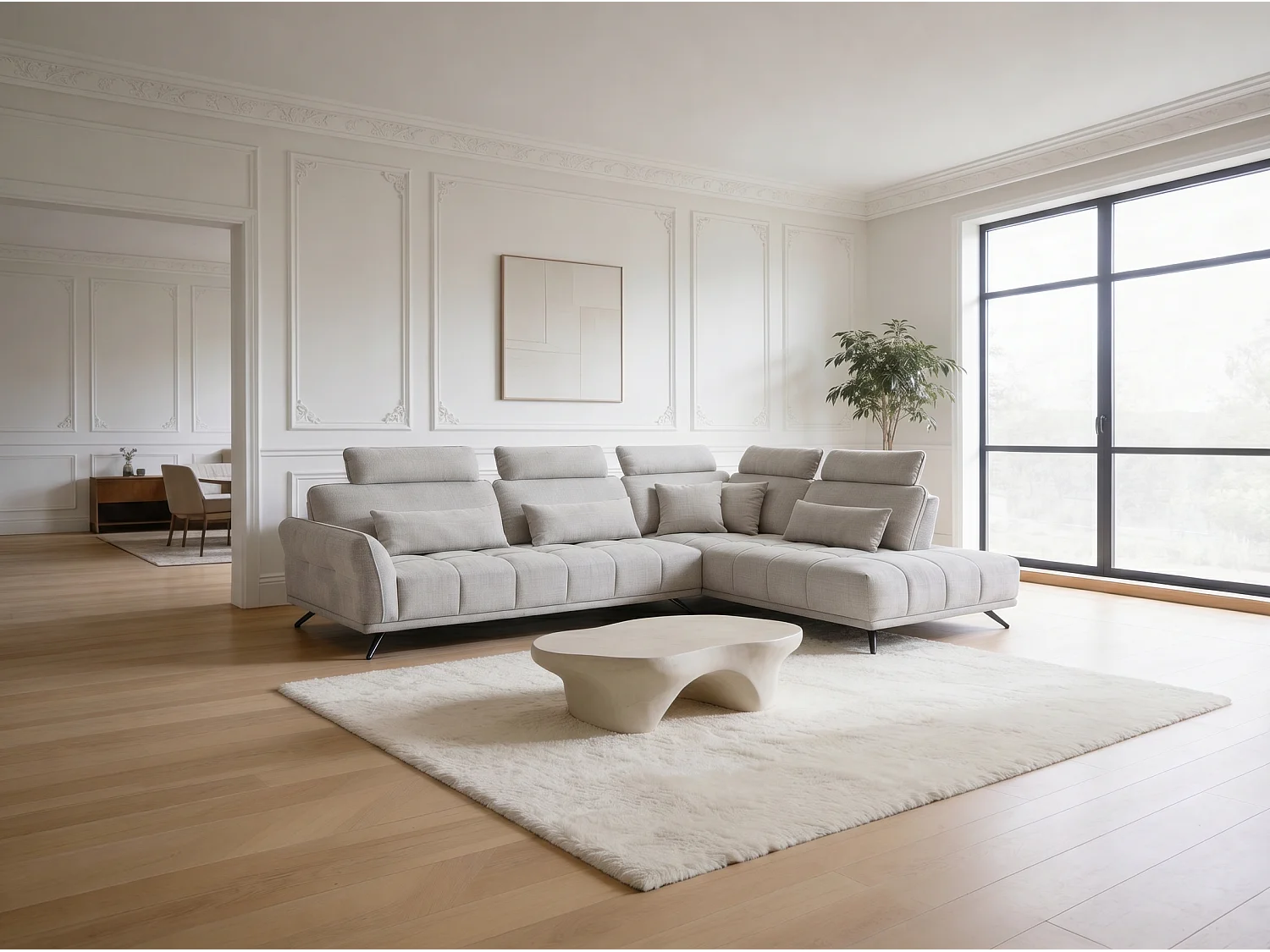 Canapé d’angle droit 4 places avec têtières réglables et méridienne beige NAPOLI - Homeluxury