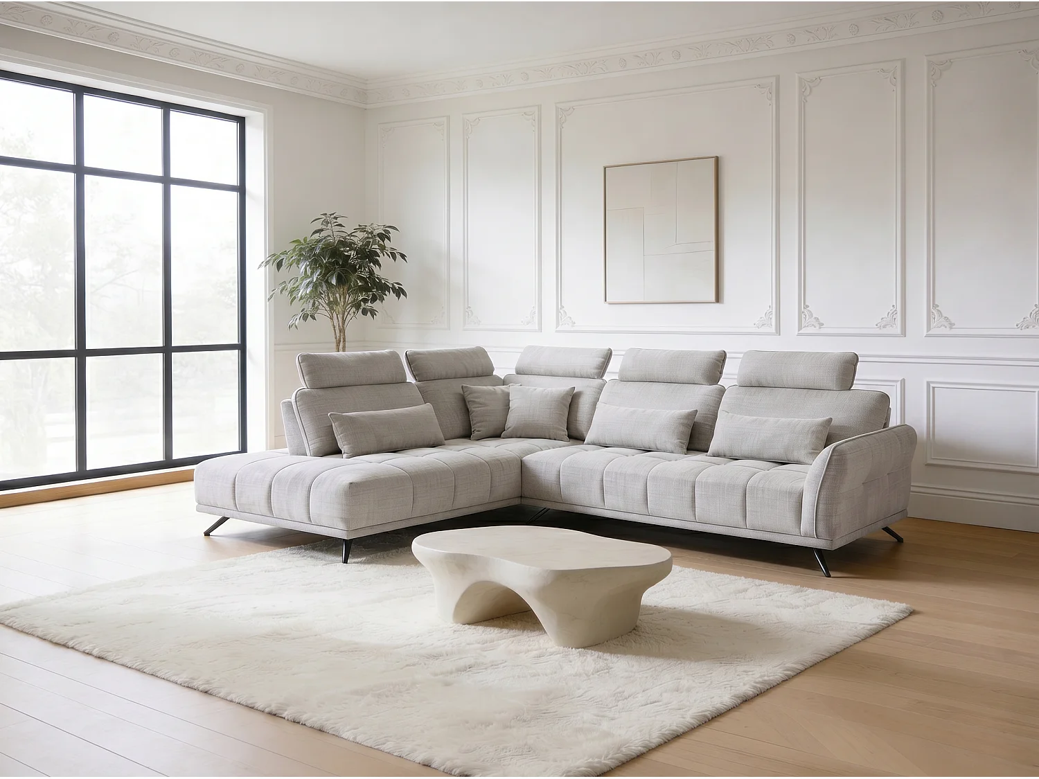 Canapé d’angle gauche 4 places avec têtières réglables et méridienne beige NAPOLI - Homeluxury