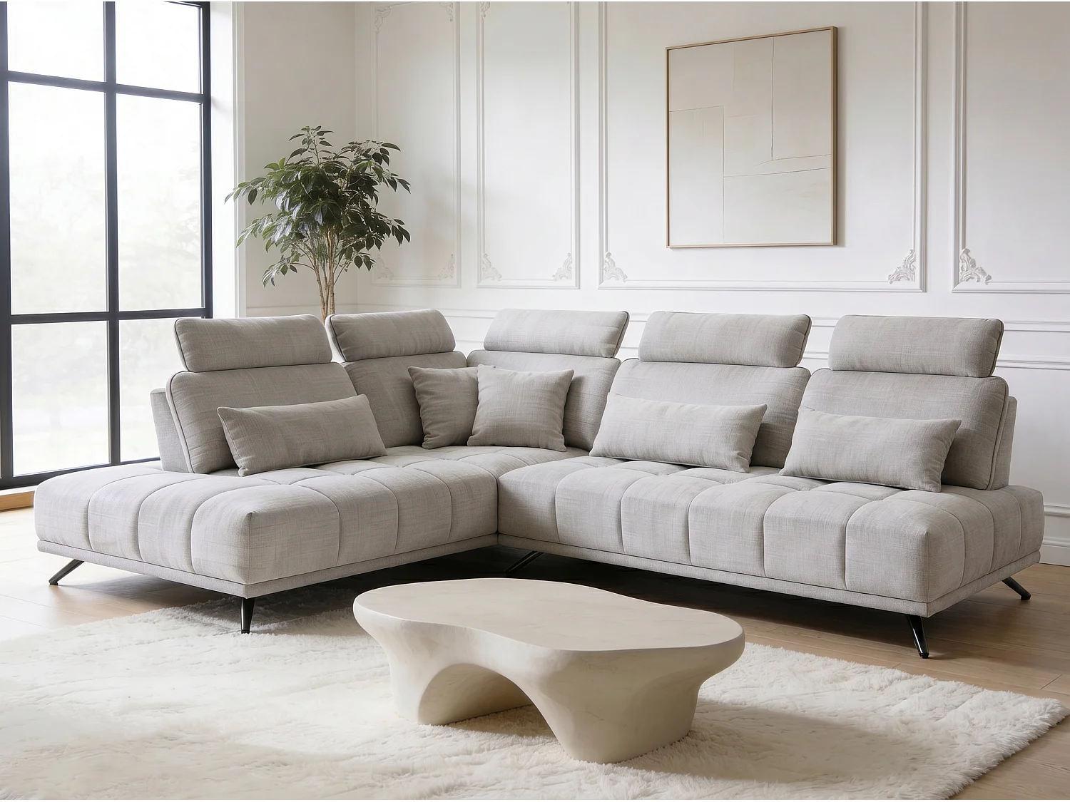 Canapé d’angle gauche 4 places avec têtières réglables et méridienne beige NAPOLI - Homeluxury