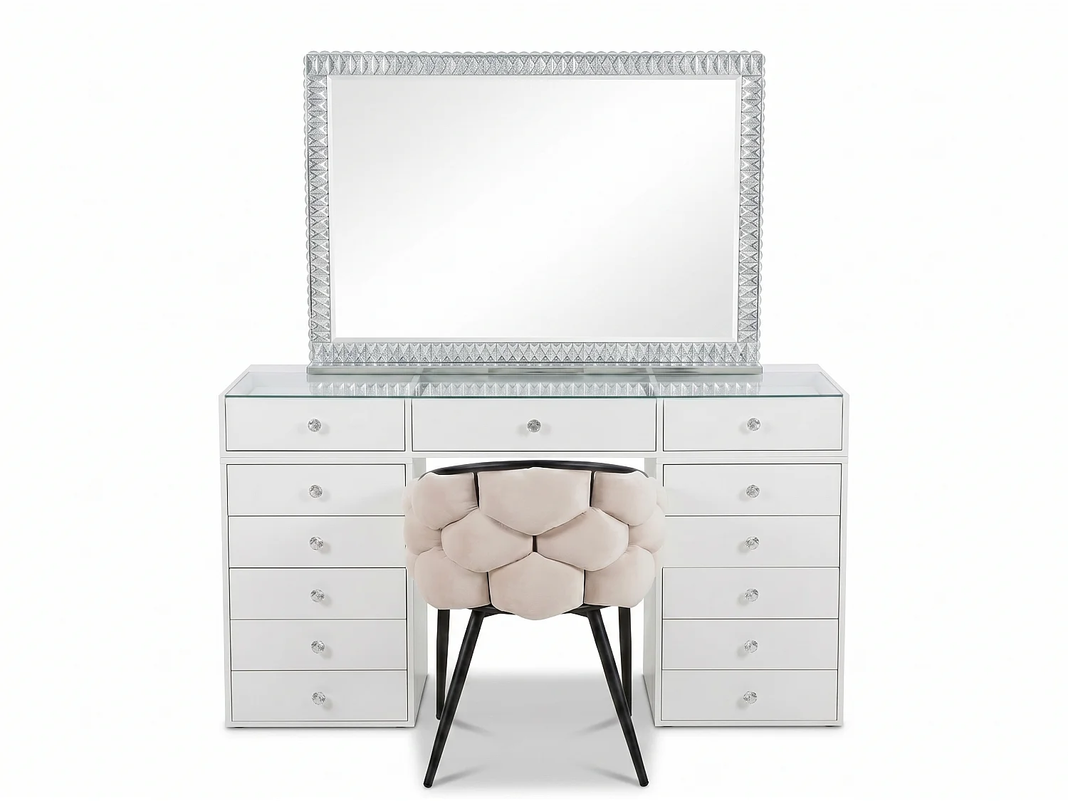Tocador HomeLuxury - blanco brillante de 150 cm con 13 cajones.